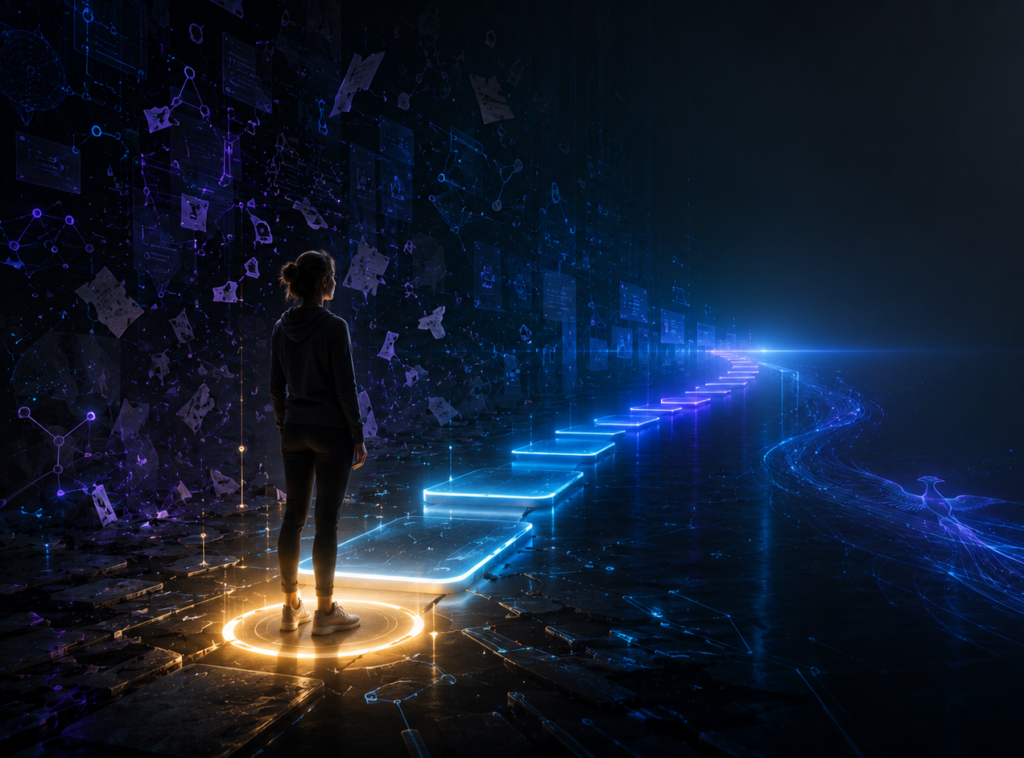 Person standing before glowing first steps that lead from scattered task fragments toward a clear illuminated pathway.