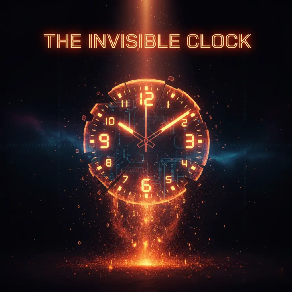 A glowing orange analog clock floating in a dark, starry nebula.