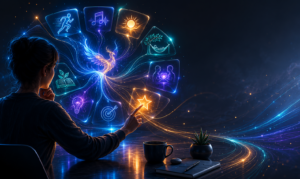 Person choosing glowing energy activities from a colorful digital menu with illuminated pathways representing healthy dopamine choices and mental energy management.