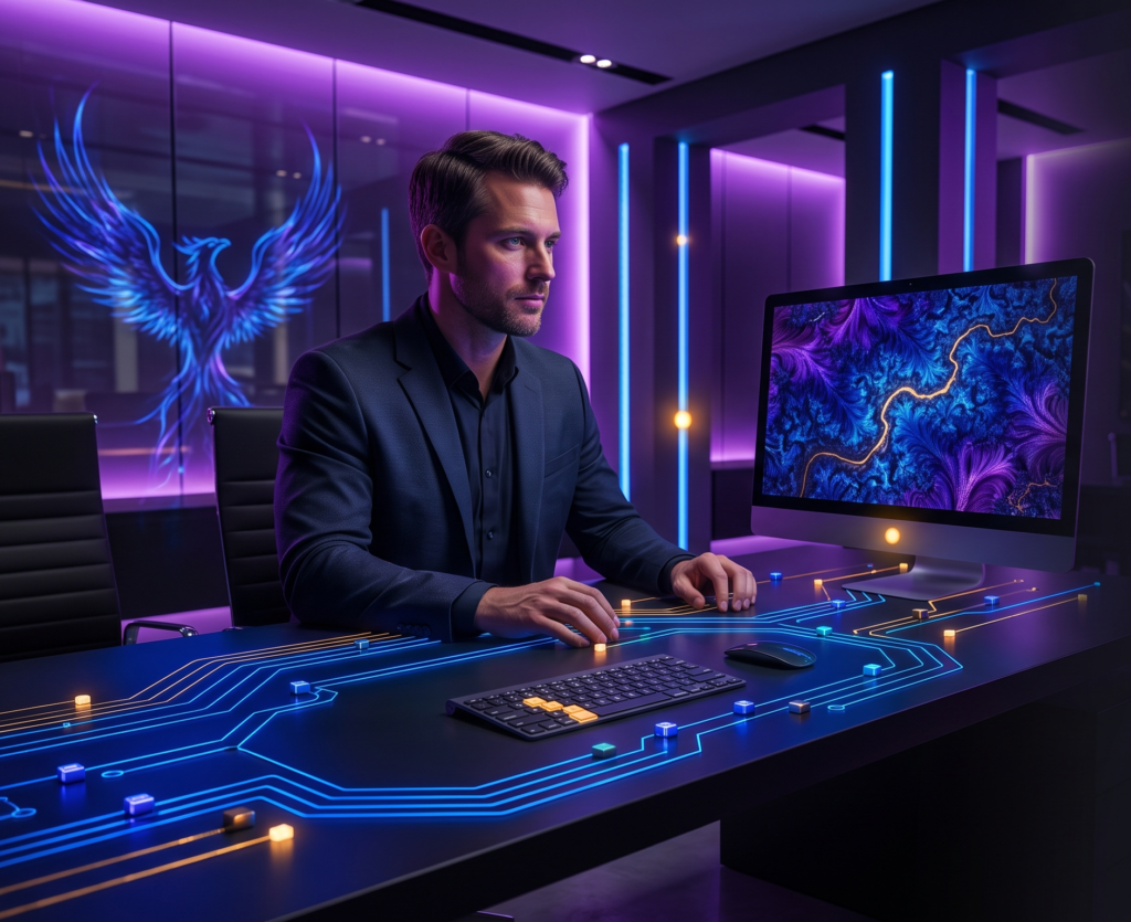 Person working at a laptop with a glowing AI companion interface nearby, representing an AI body double helping an ADHD adult stay focused and start tasks.