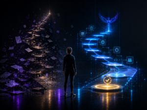 Person reviewing a glowing energy and workflow dashboard while a clear illuminated path rises from scattered tasks toward sustainable progress.