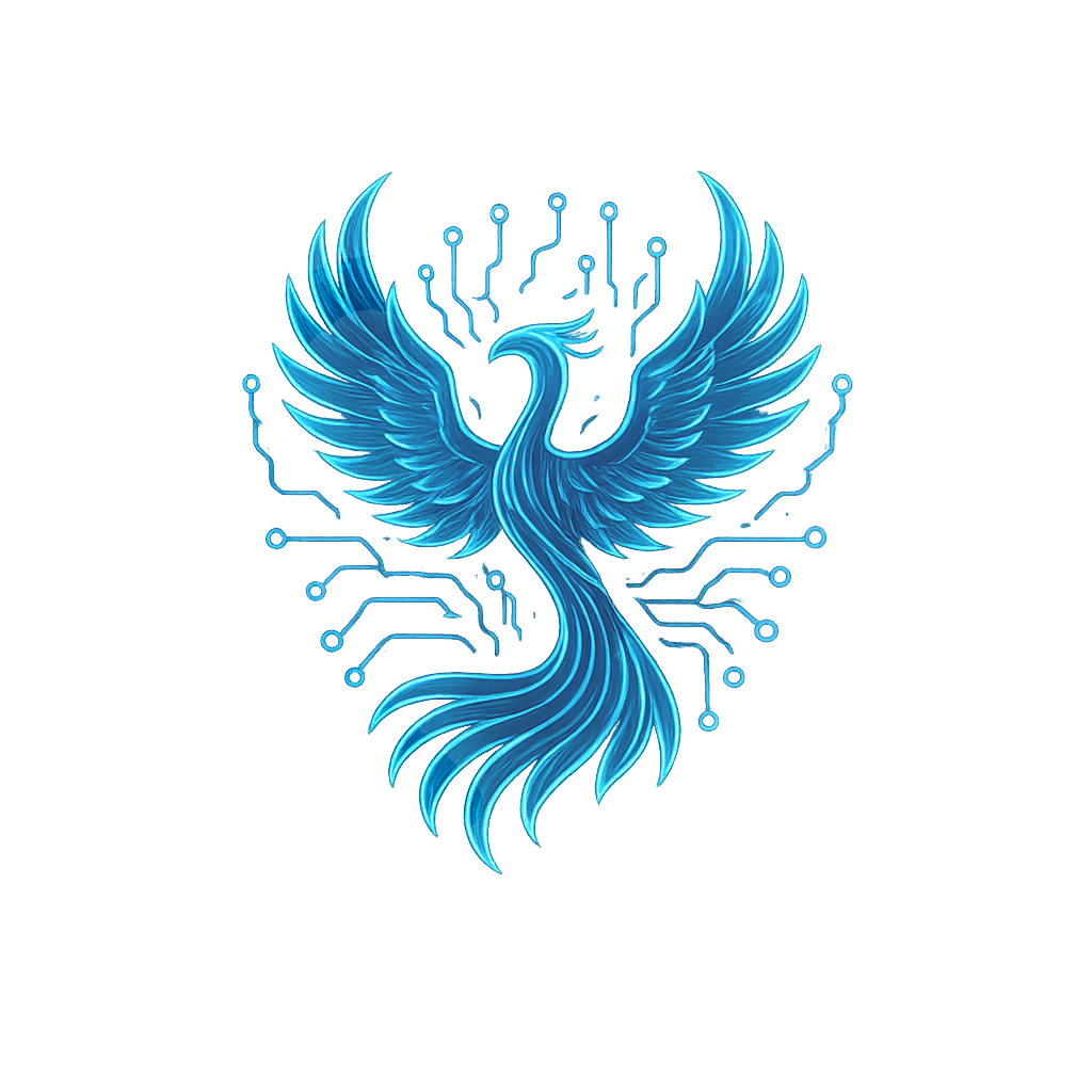 Electric blue phoenix with digital circuitry