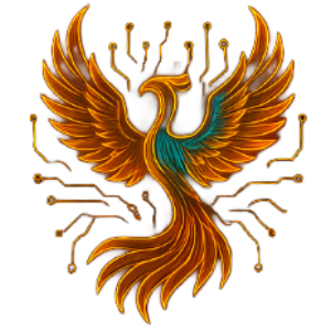 Amber gold phoenix with teal circuit accent