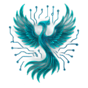 Teal phoenix with blue circuit pathways