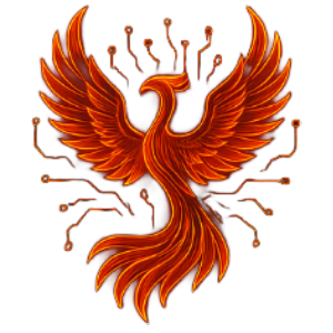 Orange phoenix with electric blue circuitry