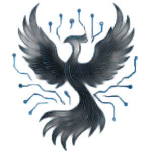 Charcoal phoenix with electric blue circuitry wings