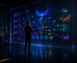 Solo founder reviewing a glowing business systems map with connected workflows, client paths, automation steps, dashboards, and growth data.