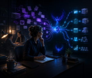 Educator using a glowing digital workflow system to organize paperwork, schedules, communication, and student support tasks.
