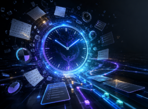 Glowing analog clock surrounded by calendars, task cards, and illuminated digital pathways representing ADHD time blindness and time management.