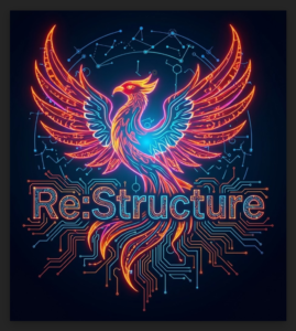Re:Structure brand badge featuring a phoenix and circuitry-inspired logo design